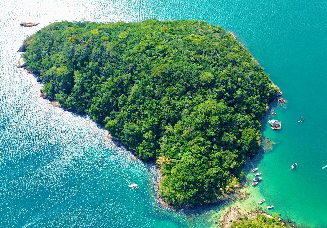 Aerial view of the peninsula covered by Atlantic Forest and surrounded by the sea